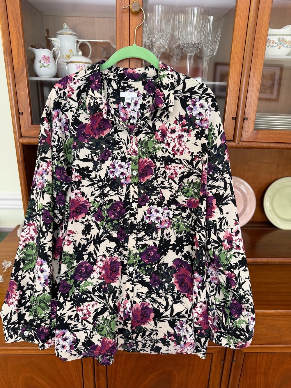 J Jill size Large Floral Button-Front Women’s Blouse - Cream w Purple & Green